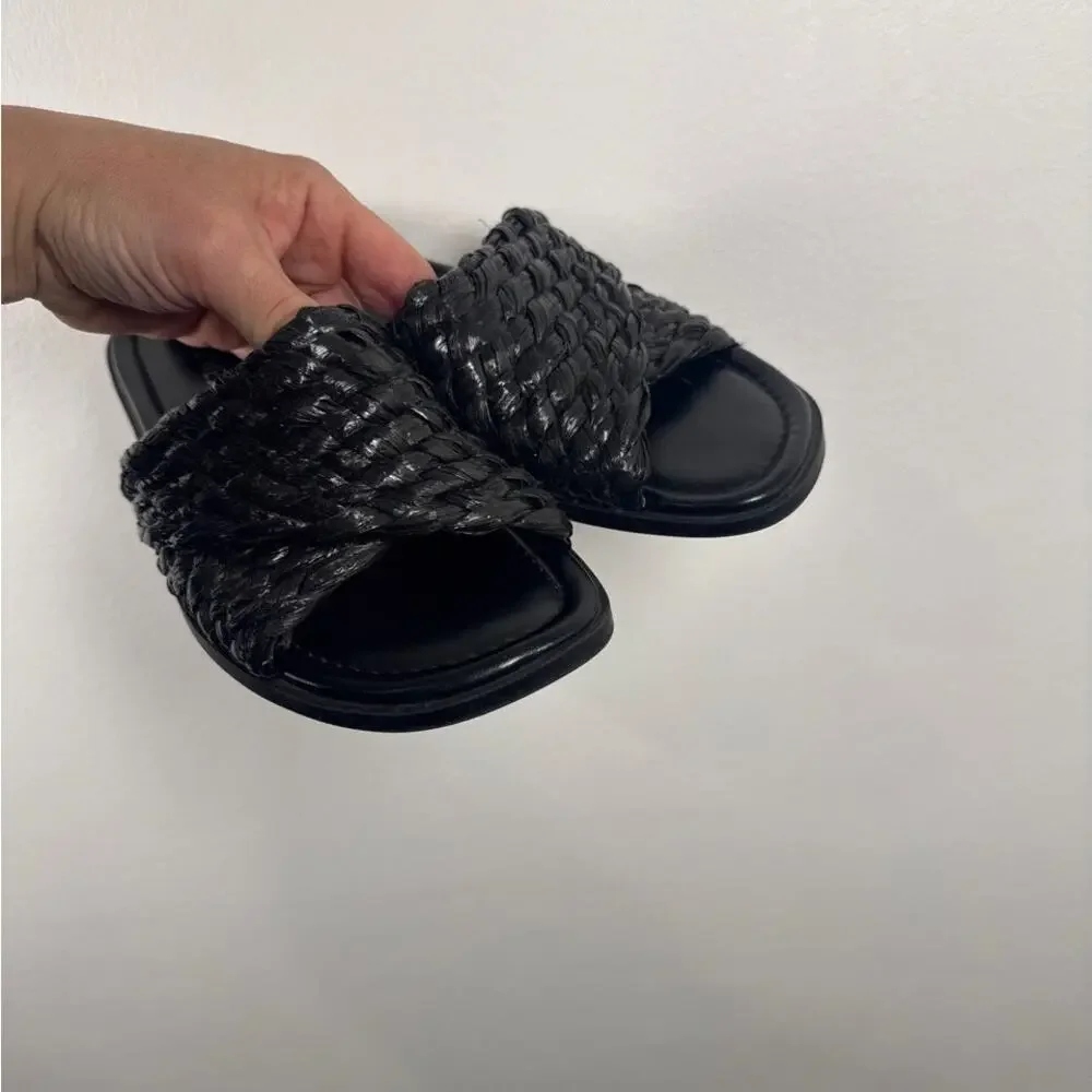 Nine West Havah Woven/Braided Women's Flat Slide Sandals in Black, Size 7